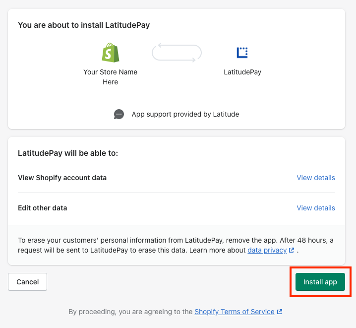 Shopify Confirm Install